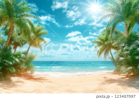 Sunny tropical Caribbean beach with palm trees and turquoise water, caribbean island vacation, hot summer day. 3D render. 123487097