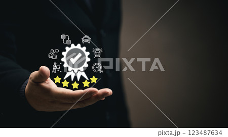 Businessmen rate their satisfaction with various business services via a virtual mobile screen. Customer survey feedback review quality success performance evaluation choice online. Positive opinion. 123487634
