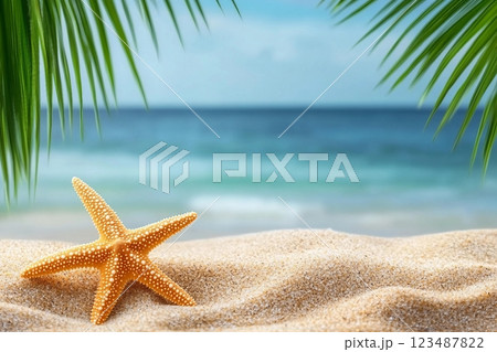 Tropical beach with sea star in sand, copyspace for text. Concept of summer relaxation Tropical beach with sea star in sand, copyspace for text. Concept of summer relaxation 123487822