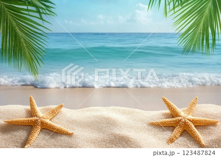 Tropical beach with sea star in sand, copyspace for text. Concept of summer relaxation 123487824