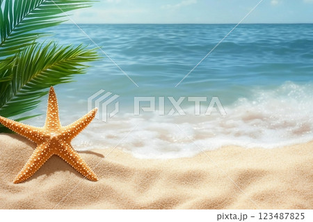 Tropical beach with sea star in sand, copyspace for text. Concept of summer relaxation 123487825