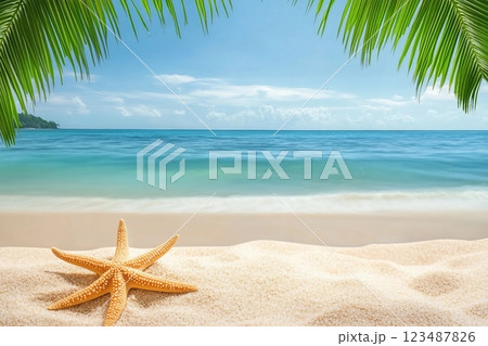 Tropical beach with sea star in sand, copyspace for text. Concept of summer relaxation 123487826