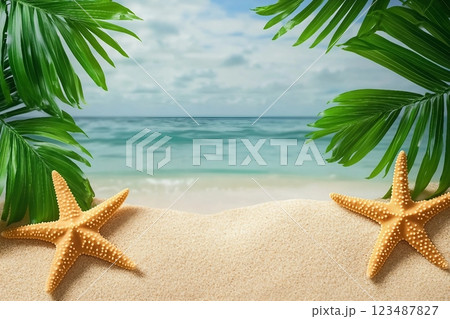 Tropical beach with sea star in sand, copyspace for text. Concept of summer relaxation 123487827