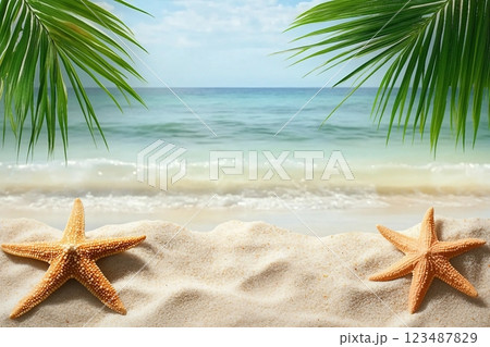 Tropical beach with sea star in sand, copyspace for text. Concept of summer relaxation 123487829