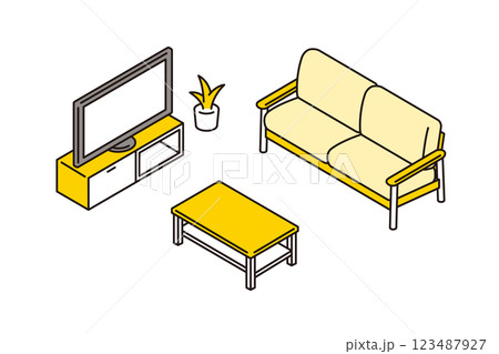 ローテーブルとソファとテレビのあるリビングルームのシンプルなアイソメトリックイラスト ローテーブルとソファとテレビのあるリビングルームのシンプルなアイソメトリックイラスト 123487927