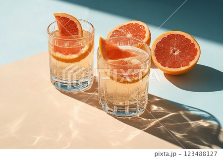 Two glasses of drink with slices of fresh grapefruit against bright beige and blue background. Creative minimal summer concept. Sunny day shadows. Two glasses of drink with slices of fresh grapefruit against bright beige and blue background. Creative minimal summer concept. Sunny day shadows. 123488127