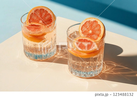 Two glasses of drink with slices of fresh grapefruit against bright beige and blue background. Creative minimal summer concept. Sunny day shadows. Two glasses of drink with slices of fresh grapefruit against bright beige and blue background. Creative minimal summer concept. Sunny day shadows. 123488132