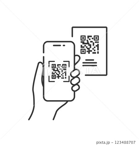 QRコード決済・スキャンのアイコン スマホ支払い・キャッシュレスのシンプル線画 QRコード決済・スキャンのアイコン スマホ支払い・キャッシュレスのシンプル線画 123488707