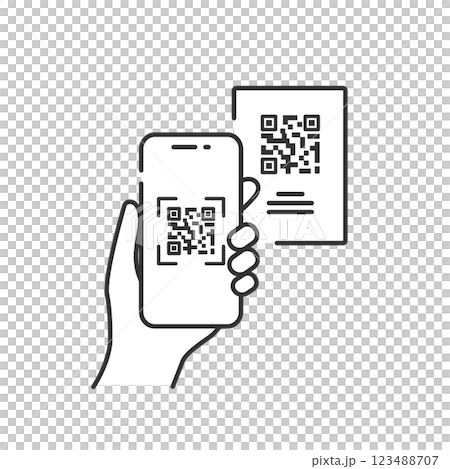 QRコード決済・スキャンのアイコン スマホ支払い・キャッシュレスのシンプル線画 QRコード決済・スキャンのアイコン スマホ支払い・キャッシュレスのシンプル線画 123488707