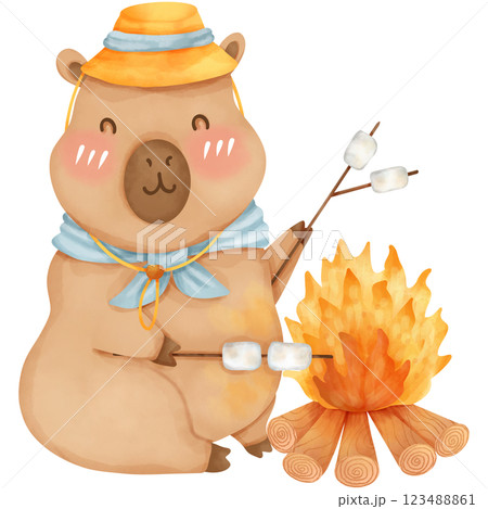 Capybara in camping theme, hand drawn watercolor 123488861