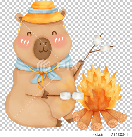 Capybara in camping theme, hand drawn watercolor 123488861