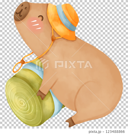Capybara in camping theme, hand drawn watercolor 123488866