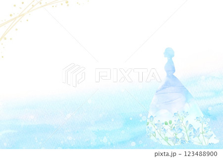 デルフィニウムの描かれた青いウェディングドレスをまとった花嫁のフレーム。お祝い向けの美しいイラスト。 123488900