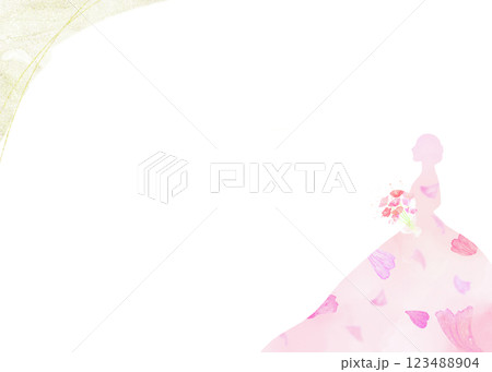 ブーケを持った花嫁のシルエットのロマンティックフレーム。お祝い向けの華やかなイラスト。 123488904