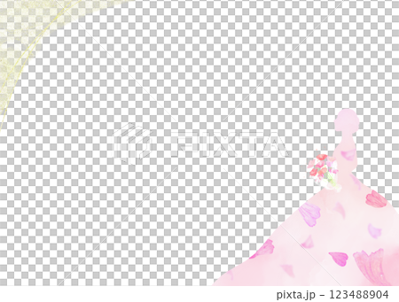 ブーケを持った花嫁のシルエットのロマンティックフレーム。お祝い向けの華やかなイラスト。 123488904