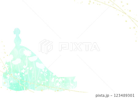 花が咲く模様の緑色ウェディングドレスをまとった新婦のフレーム。お祝い向けの華やかなイラスト。 花が咲く模様の緑色ウェディングドレスをまとった新婦のフレーム。お祝い向けの華やかなイラスト。 123489301