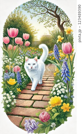 花咲く小道と白猫の散歩 123489390
