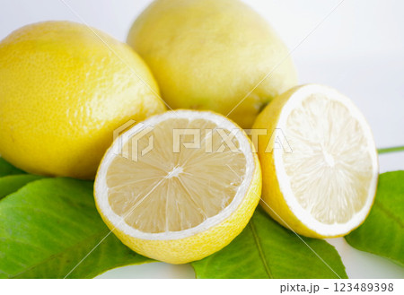 カットしたレモン 檸檬 レモンの葉 果物 Lemon アップ 白背景 カットしたレモン 檸檬 レモンの葉 果物 Lemon アップ 白背景 123489398