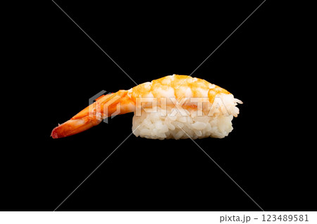 Shrimp nigiri sushi isolated on black background. Black tiger prawn sushi isolated. Shrimp nigiri sushi isolated on black background. Black tiger prawn sushi isolated. 123489581