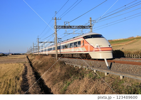 東武日光線東を走る特急スペーシアの電車 123489600