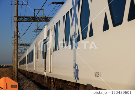 埼玉県加須市の東武日光線を走るスペーシアXの電車 123489601