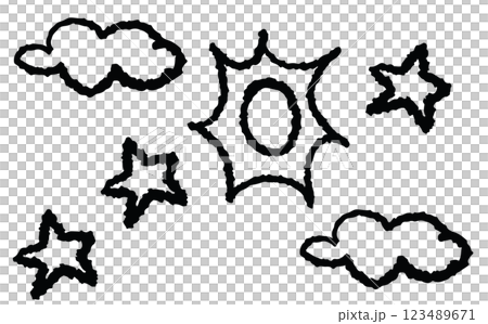 Hand drawn crayon sun, cloud, star outline for kid colouring book, day time, summer break, sticker, picnic, park, beach vibe, hot season, warm weather, temperature, earth, nature, garden, outdoor 123489671