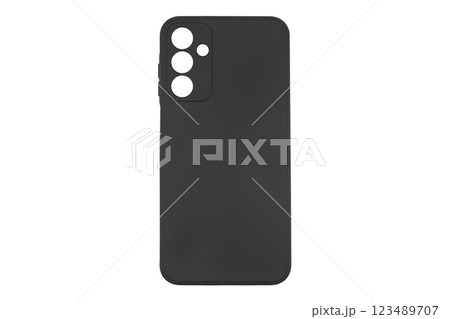 Mobile phone case isolated on white background. Smart phone case isolated. Blue silicone case for smartphone or phone with cutouts for the camera. Mobile phone case isolated on white background. Smart phone case isolated. Blue silicone case for smartphone or phone with cutouts for the camera. 123489707