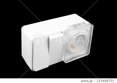 Electric light switch and socket isolated on black background. Electrical power socket and plug switched. 123489753