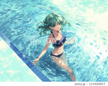 プールで遊ぶ女の子　AI画像 123489857