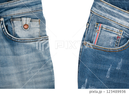 Blue Jeans Isolated on White Background. Men's or women's jeans, unisex denim trousers Blue Jeans Isolated on White Background. Men's or women's jeans, unisex denim trousers 123489936