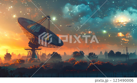 Satellite dish transmits and receives a radio signal. 123490006
