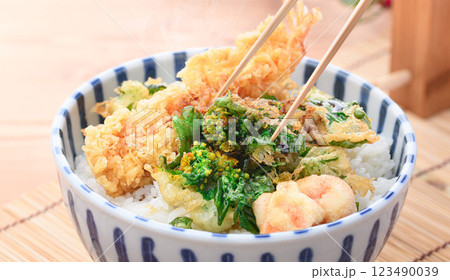 春の味覚 菜の花とエビの天丼 春の味覚 菜の花とエビの天丼 123490039