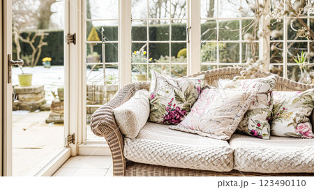 Colorful pillows on sofa against glass wall of window in a winter garden or conservatory. Interior textile concept. High quality photo 123490110