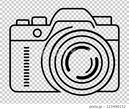 ズームレンズを取り付けたデジタル一眼レフカメラのシンプルな黒い線画イラスト　透過背景の切り抜き 123490152
