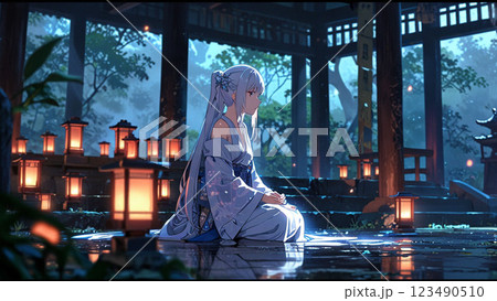 ライトアップされた夜の神社の鳥居と着物の女性 123490510