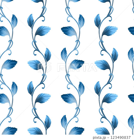 Abstract seamless pattern with blue leaves 123490837