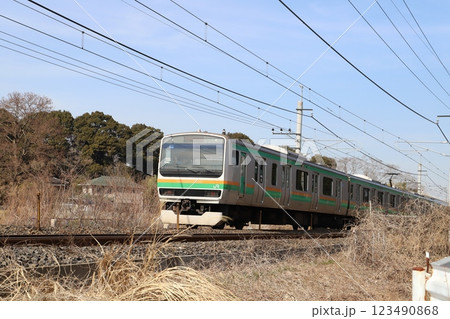 冬の埼玉県蓮田市付近を走行するJR233系普通電車 123490868