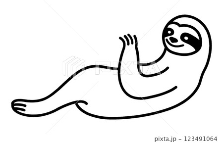 だらしないポーズで寝そべっているナマケモノのラフな手描き線画イラスト　透過背景の切り抜き 123491064