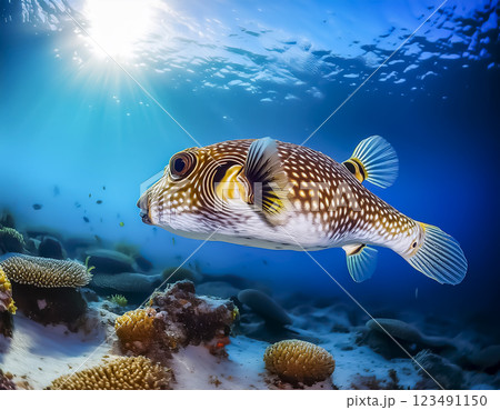 海中を泳ぐフグのイメージ素材 123491150