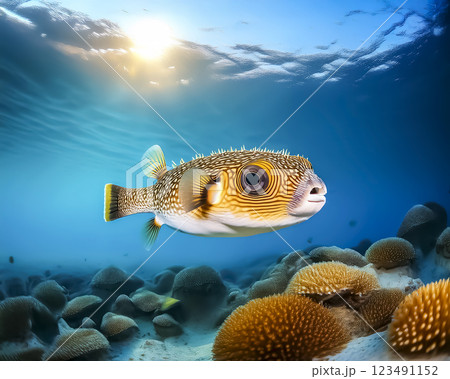 海中を泳ぐフグのイメージ素材 123491152