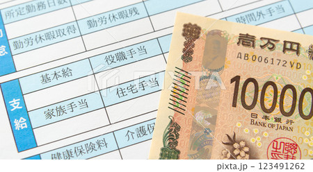 給与明細書の住宅手当欄と一万円札　お給料　法定外福利厚生 123491262