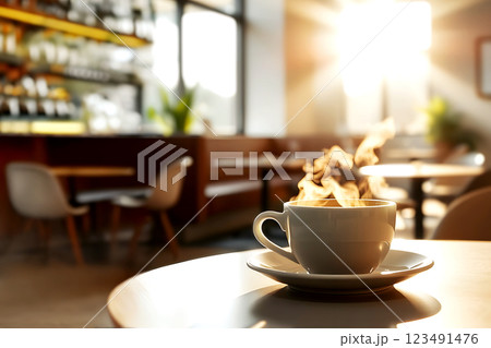 A steaming cup of coffee sits on a cafe table, the sunlight streaming in into a quiet cafe. The warm glow creates a cozy atmosphere in the blurred background. 123491476