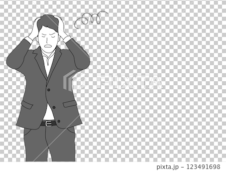憂心忡忡的男人插畫：一位身著西裝的商人抱著頭上身正面單色 123491698