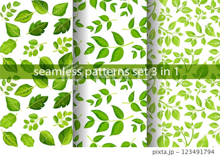 Seamless vector patterns featuring various green leaves in a fresh design suitable for textiles and backgrounds 123491794