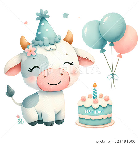 baby cow with birthday balloons  123491900