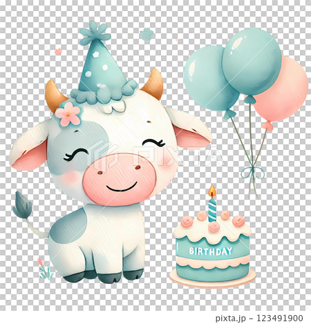 baby cow with birthday balloons  123491900