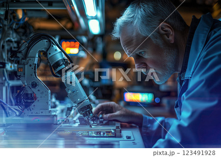 精密機械を調整するエンジニアとロボットアーム 123491928