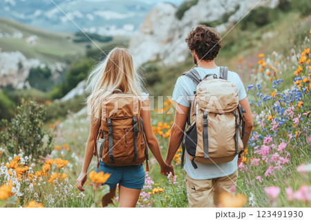 山道を歩くハイキング中のカップル 123491930
