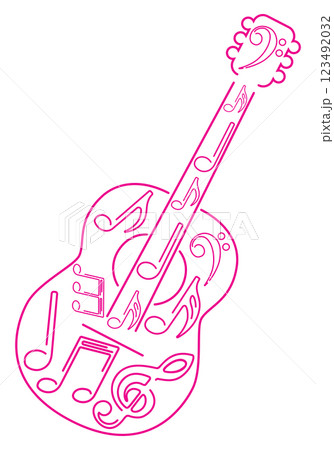 Pink line guitar with music notes 123492032
