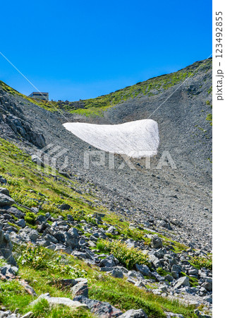 剱沢への登山道から見上げる別山乗越と残雪　北アルプス剱岳登山 123492855